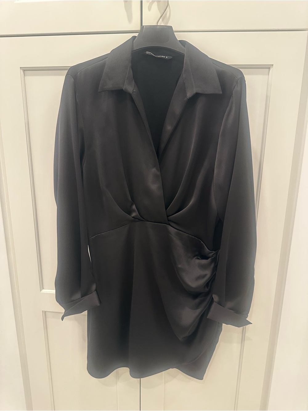 Zara Black Satin Wrap-Style Long Sleeve Dress